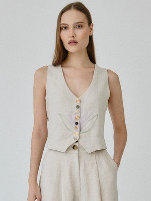 Daphne Floral Linen Waistcoat in Beige from Fanfare Label