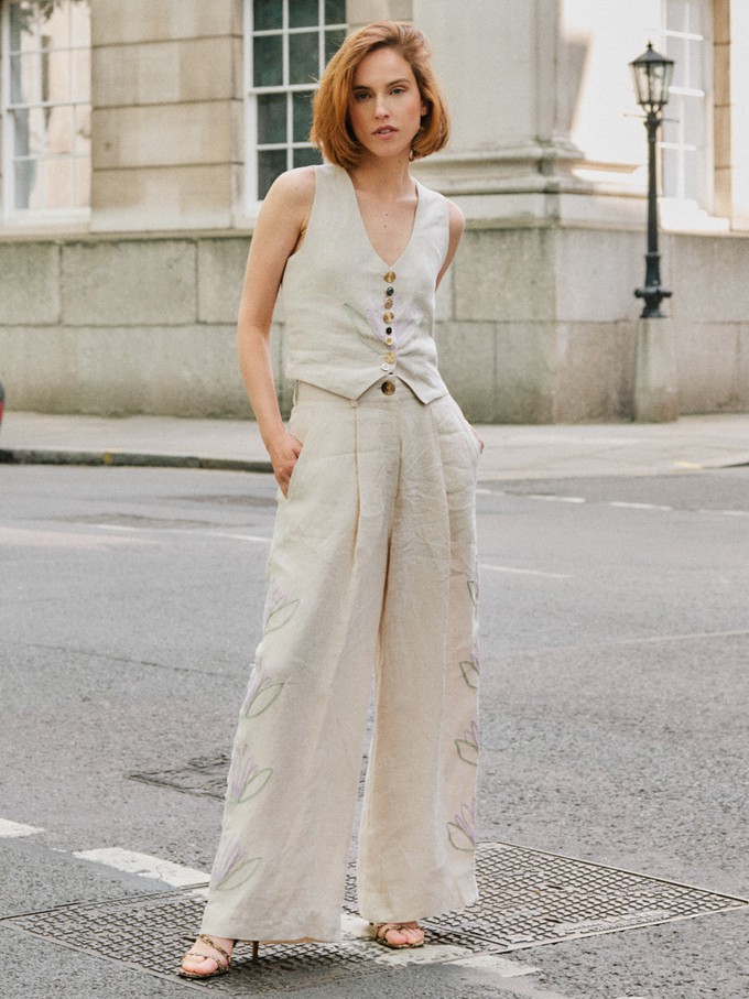 Celeste Floral Linen Trousers in Beige from Fanfare Label