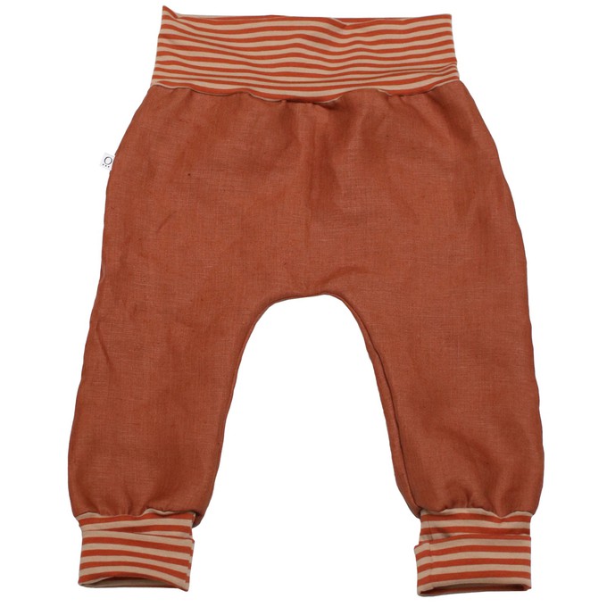 Organic hemp kids trousers with groth adaption rust + stripes from Frija Omina