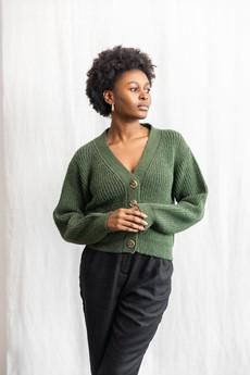 Baby alpaca knit cardigan Arequipa Olive via Jyoti - Fair Works