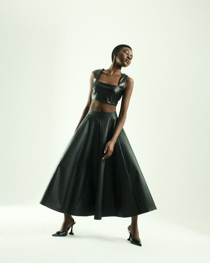 Black Faux Leather Flared Skirt from MONIQUE SINGH