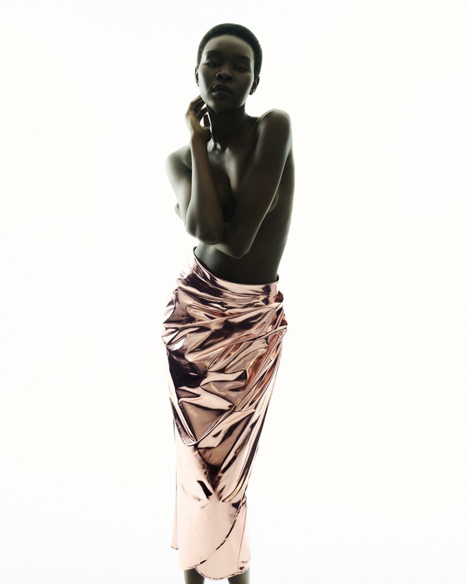 LONG LIQUID BRONZE DRAPED SKIRT from MONIQUE SINGH