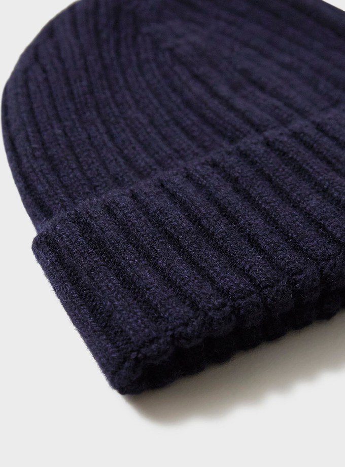 Cashmere Navy Ribbed Beanie Hat from Neem London