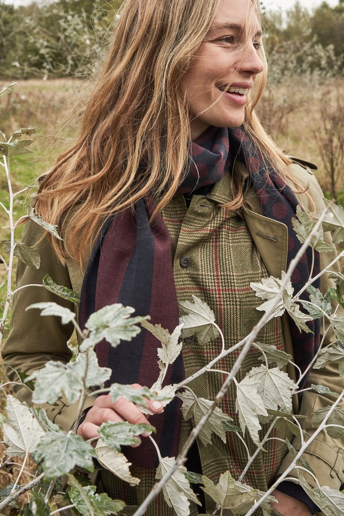 Recycled Double Faced Wool Burgundy Navy Spot Classic Scarf from Neem London