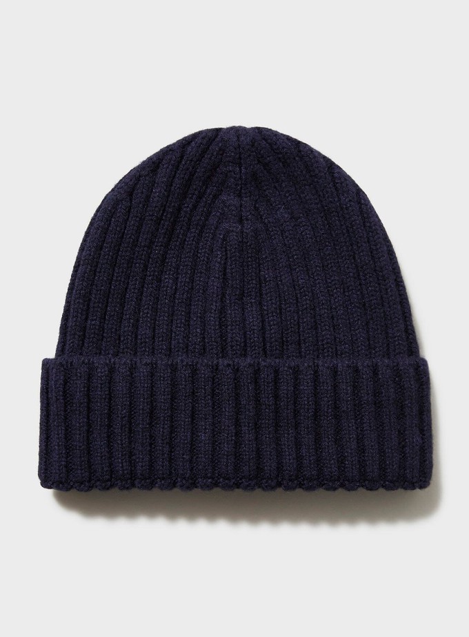 Cashmere Navy Ribbed Beanie Hat from Neem London