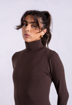 Organic Cotton Long Sleeve Roll-Neck Bodysuit, Hot Fudge from Not Basics