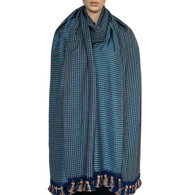 Shawl Blue with Pom poms - Oversized - Elegant and Fairtrade from Quetzal Artisan