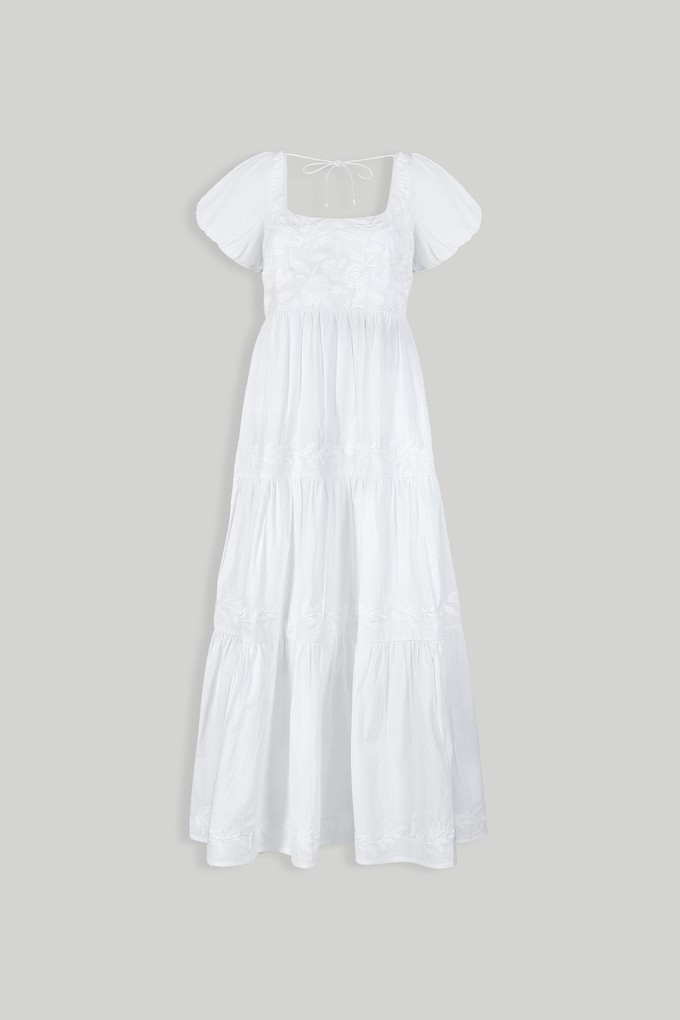 Puff Sleeve Embroidered Tiered Dress in White from Reistor