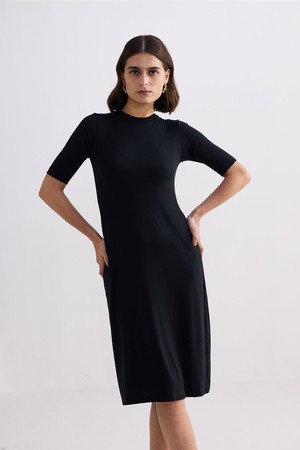 High Crew Neck Elbow Sleeves Fitted Dress in Black from Reistor