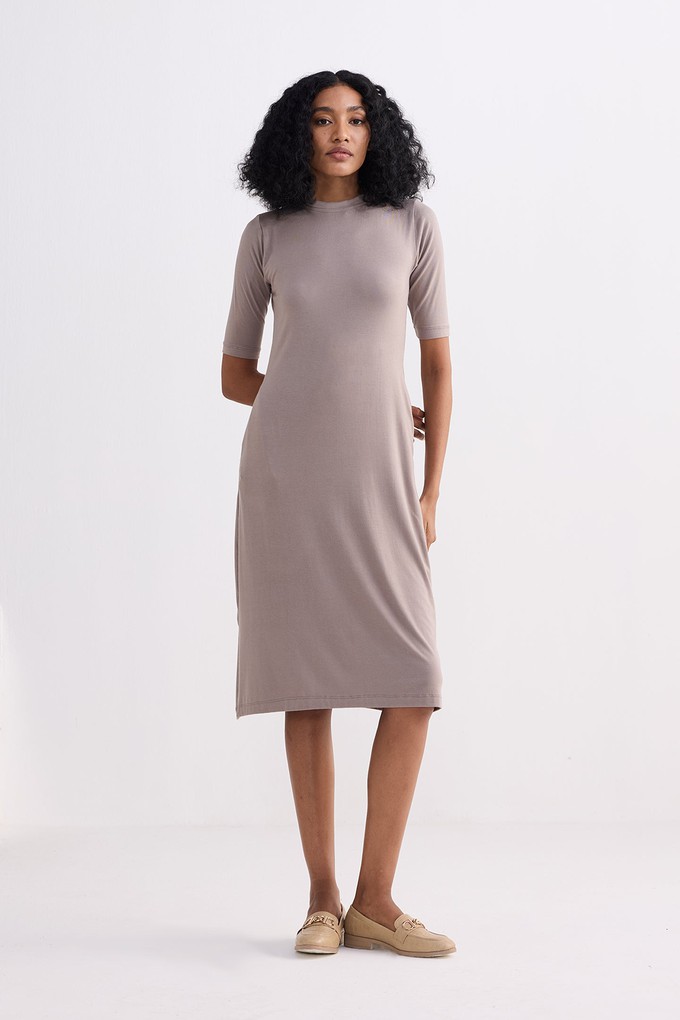 High Crew Neck Elbow Sleeves Fitted Dress in Dusty Brown from Reistor