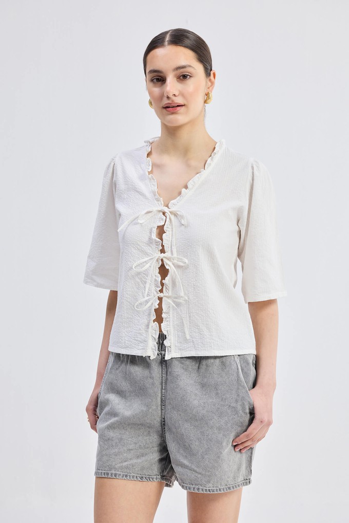 Relaxed Fit Top With Ruffles and Front-Ties in White from Reistor