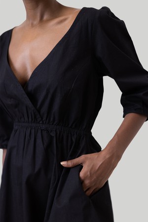 Gathered Elbow Sleeve Short Dress in Black from Reistor