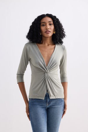 Twist Front Knit Shirt in Light Olive from Reistor