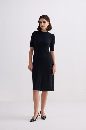 High Crew Neck Elbow Sleeves Fitted Dress in Black from Reistor