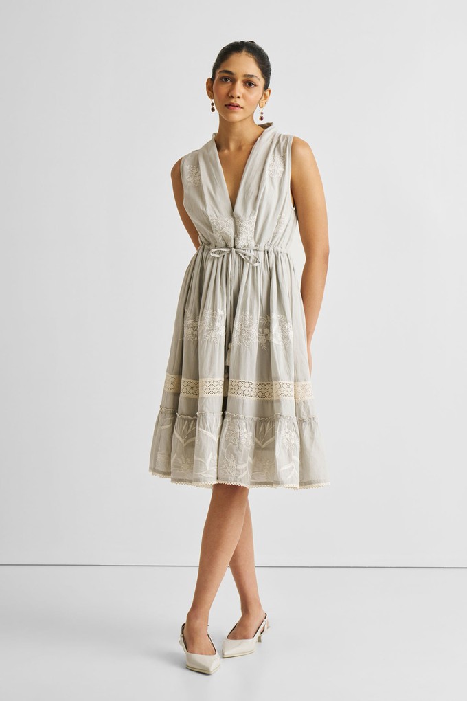 Embroidered Drawstring Gathered Dress in Grey from Reistor