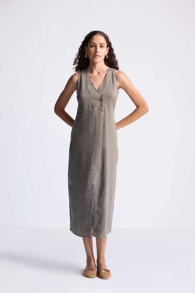 Straight Dress with Front Slit in Dark Green Hemp from Reistor