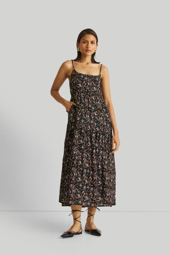 Strappy Tiered Maxi Dress in Black Florals from Reistor