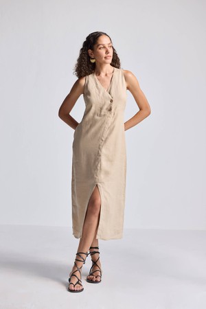 Straight Dress with Front Slit in Neutral Beige Hemp from Reistor