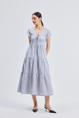 Gathered Tiered Dress with Front-ties - Linen stripes from Reistor