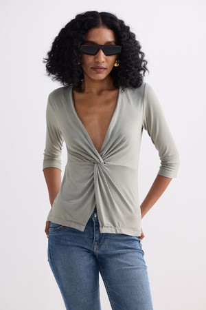 Twist Front Knit Shirt in Light Olive from Reistor