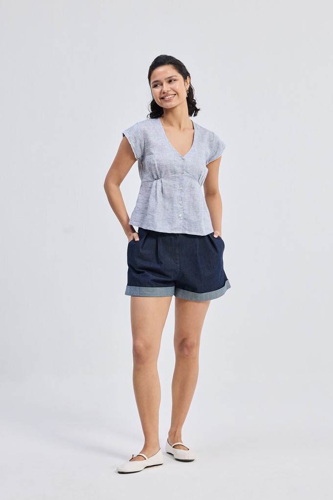 Deep V-neck short top in  Linen Stripes from Reistor