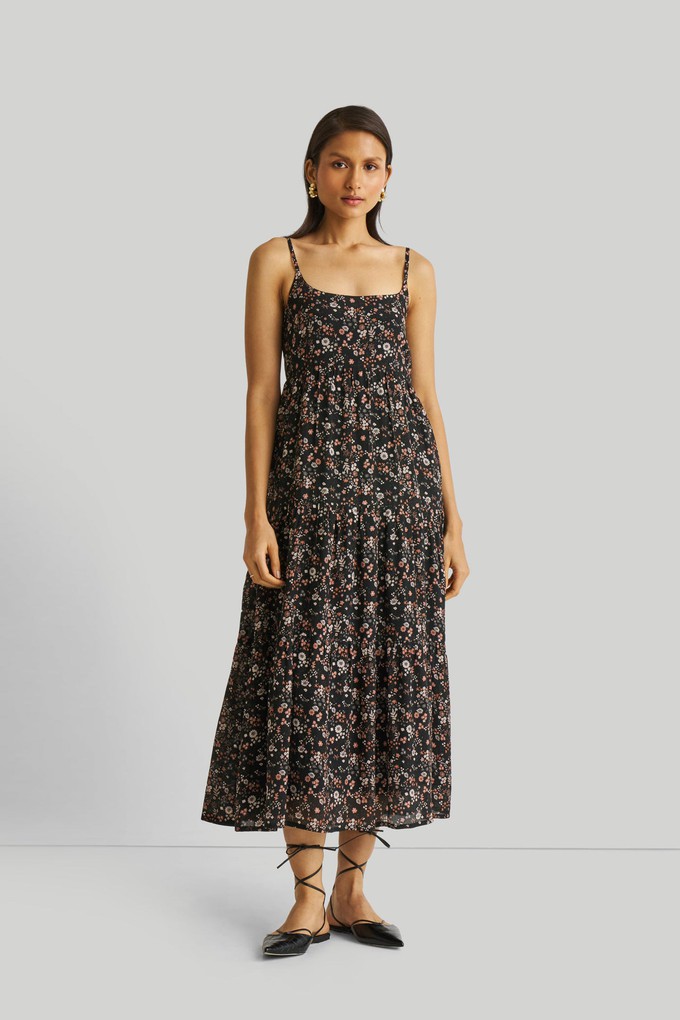 Strappy Tiered Maxi Dress in Black Florals from Reistor