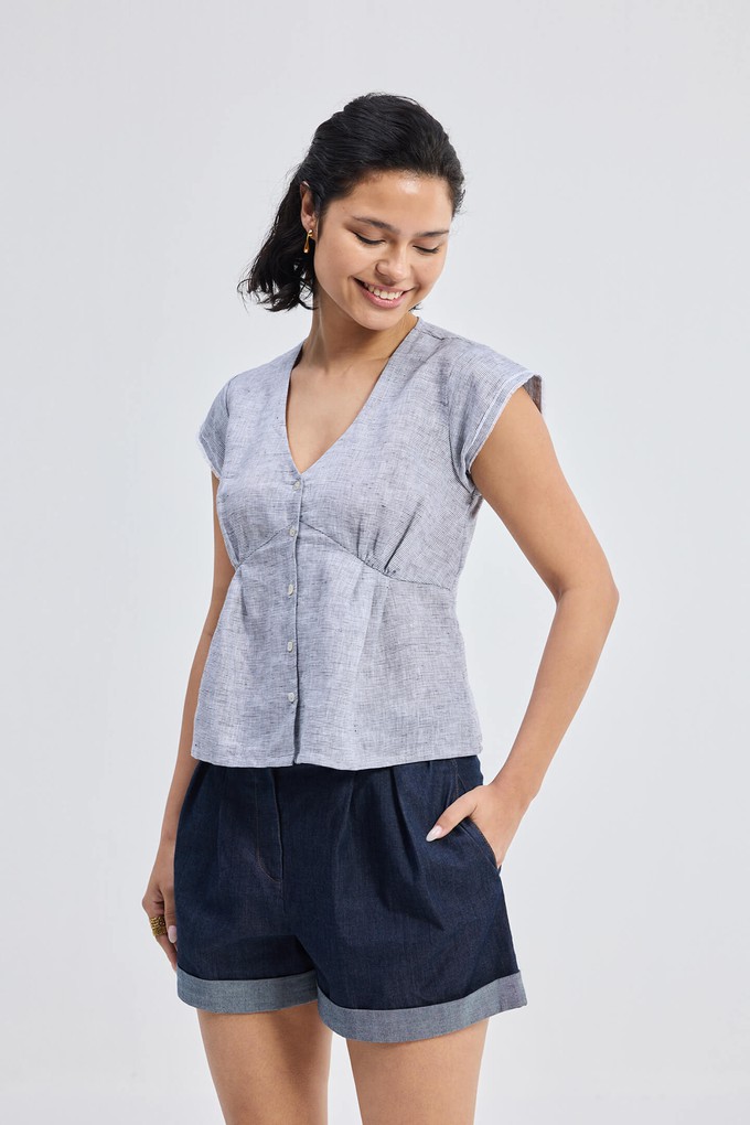 Deep V-neck short top in  Linen Stripes from Reistor