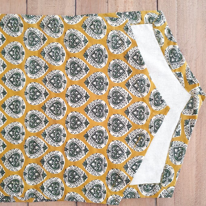 Bagru block-printed table runner, yellow paisley from Shakti.ism