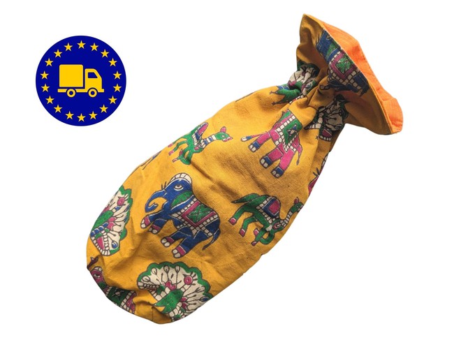 Reusable Kalamkari Cotton Pouch, Bottle Gift Bag, Yellow from Shakti.ism