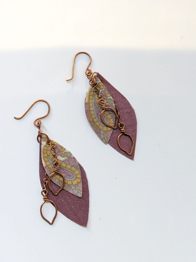 Handcrafted reclaimed sari earrings, copper leaf earrings from Shakti.ism