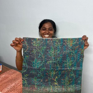 Cotton sari cushion cover with kantha stitching from Shakti.ism