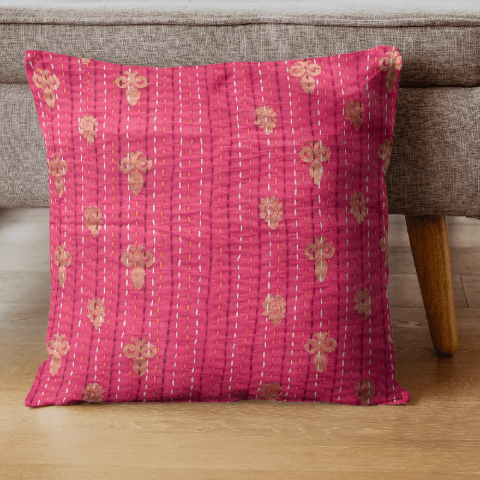 Cotton sari cushion cover with kantha stitching from Shakti.ism