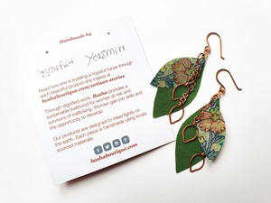 Handcrafted reclaimed sari earrings, copper leaf earrings from Shakti.ism