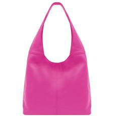 Fuchsia Pebbled Italian Leather Hobo Bag with Zip Closure via Sostter