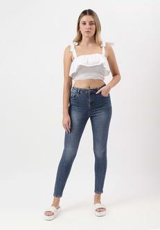 UnExcess Pledge | High Rise verkürzte Skinny-Jeans in Mittelindigo via Un Denim