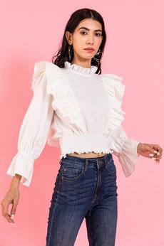 Ruffle Long Sleeve Shirt - White via Urbankissed