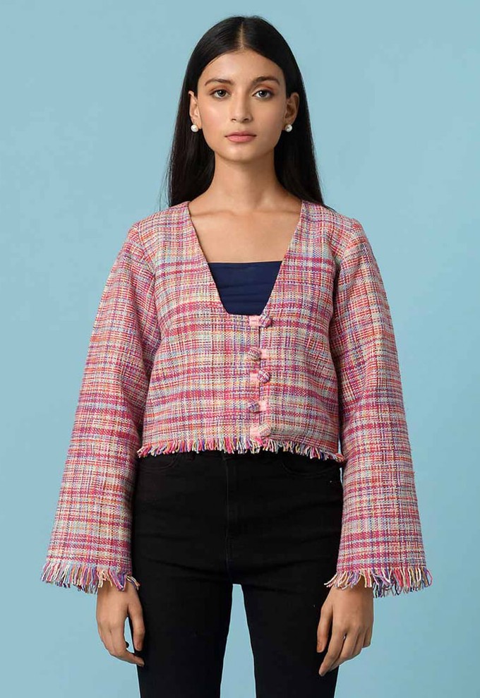 Pink Handwoven Fringed Jacket from Urbankissed