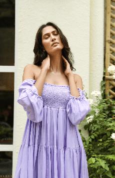 Tiered Midi Dress Off-Shoulder - Violet via Urbankissed