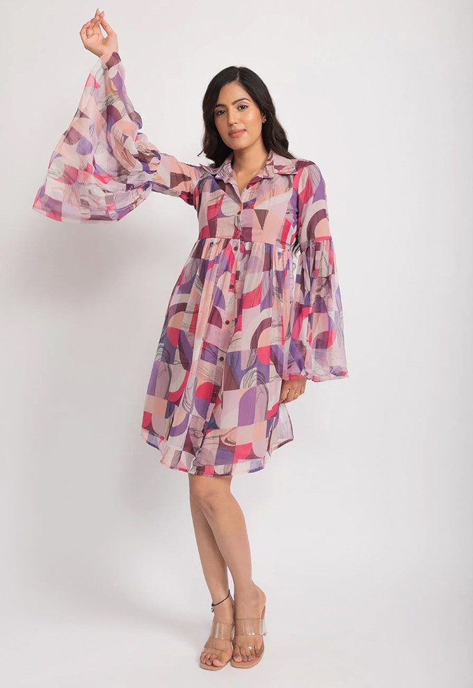 Chiffon Shirt Dress - Soft Red & Violet from Urbankissed