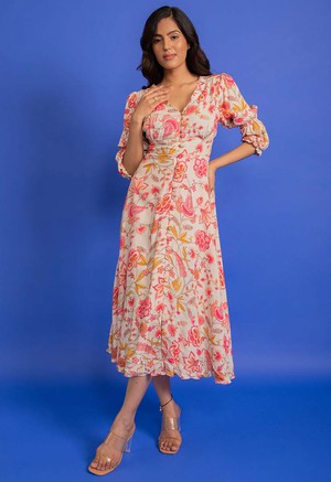 Floral Button-Down Midi Dress - Soft Red from Urbankissed