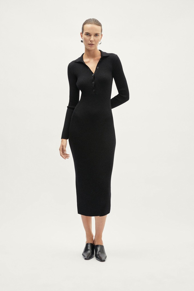 The Merino Wool Ribbed Polo Dress - Black from Urbankissed