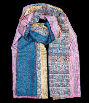 Kantha Sjaal Goud, Blauw, Roze tweezijdig draagbaar from Via India