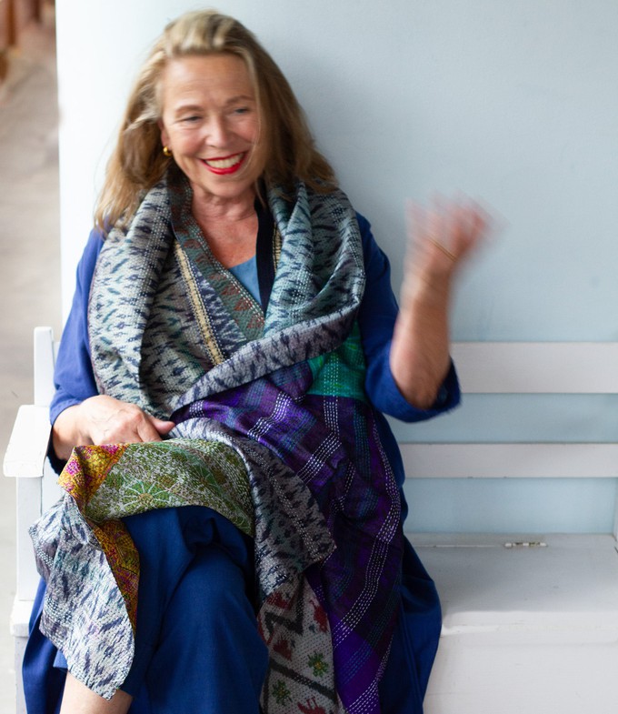 Kantha sjaal hergebruikte zijde Zilverblauw ikat from Via India