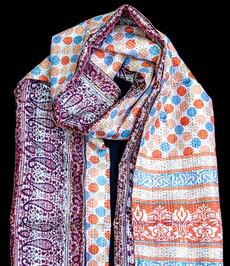 Kantha sjaal hergebruikte zijde Oranje-Lichtblauw Polka Dots via Via India